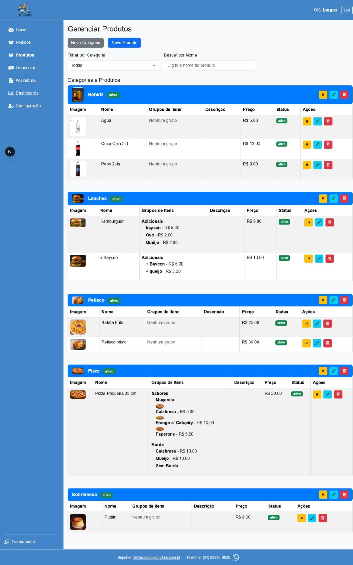 Produtos e Adicionais